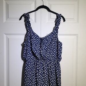 C Label Brand Logo Apparel Navy Ruffle Floral Print Wide Leg Jumpsuit